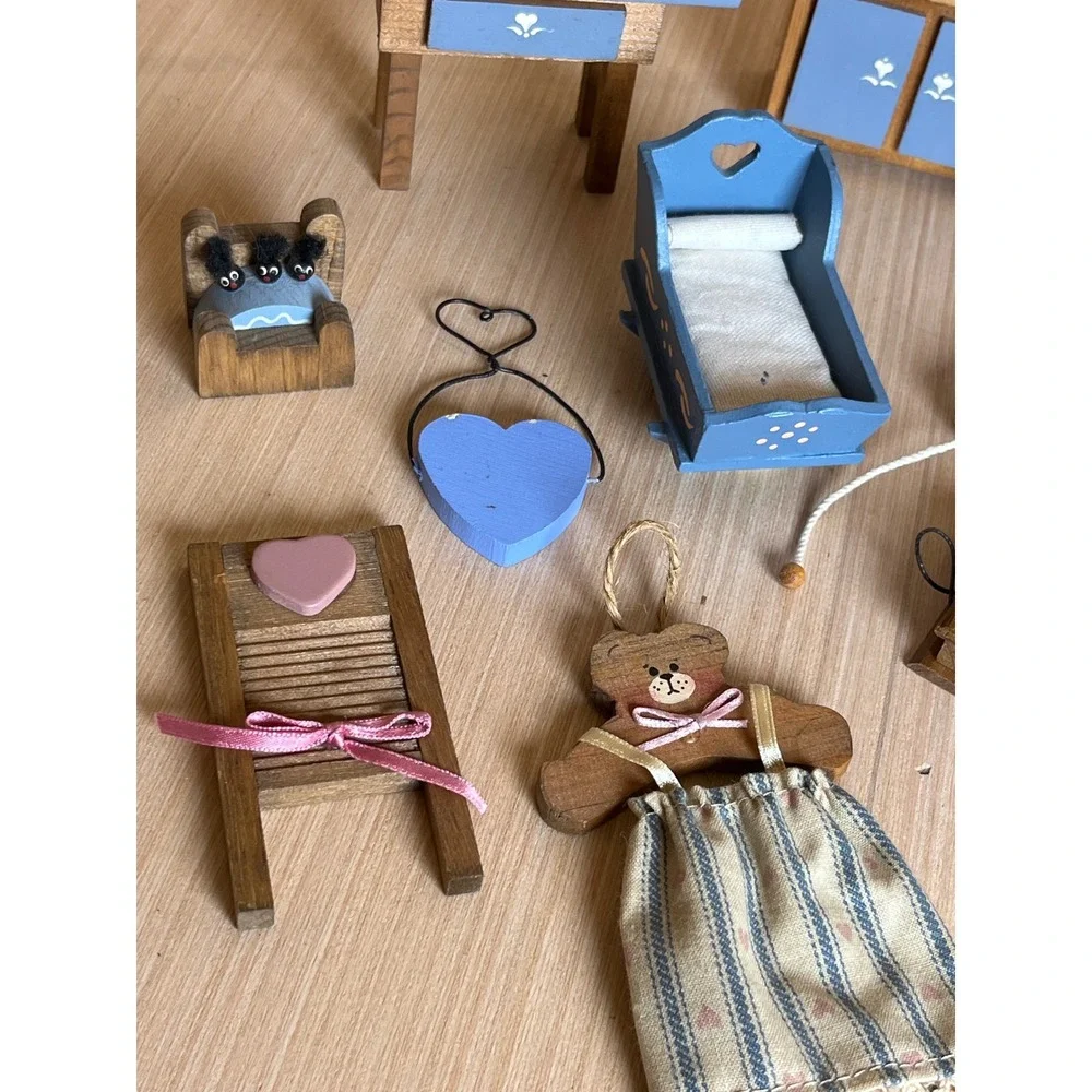 Vintage Miniature Wooden Dollhouse Cottagecore Furniture Set Country Farmhouse